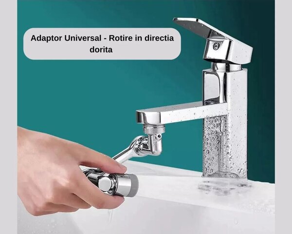 Extensie Robinet Rotativa, Adaptor Apa Baterie, Universal, Rotatie de 1080 °, Functie de Economisire a Apei, Doua Moduri Dus / Bule, Argintiu
