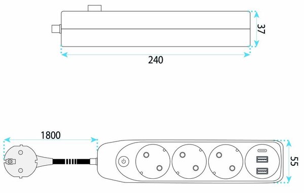 Prelungitor Multipriză 3 prize + 2x USB-A + USB-C JNH024-3B White