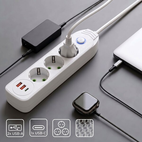 Prelungitor Multipriză 3 prize + 2x USB-A + USB-C JNH024-3B White