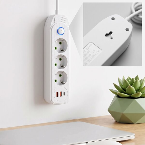 Prelungitor Multipriză 3 prize + 2x USB-A + USB-C JNH024-3B White