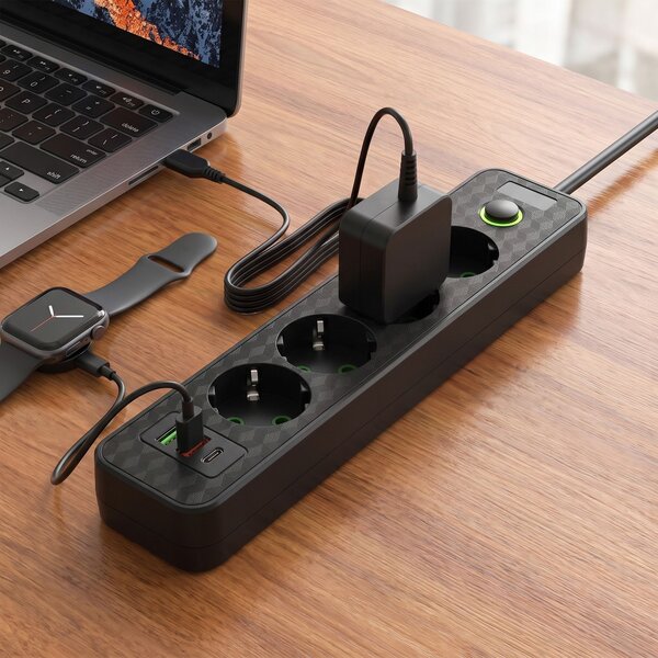 Prelungitor Multipriză 4 prize + 2x USB-A + USB-C JNH021-4A Black