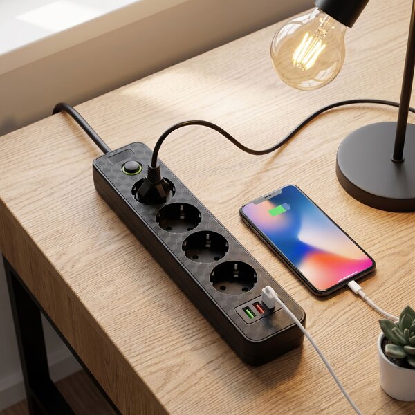 Prelungitor Multipriză 4 prize + 2x USB-A + USB-C JNH021-4A Black