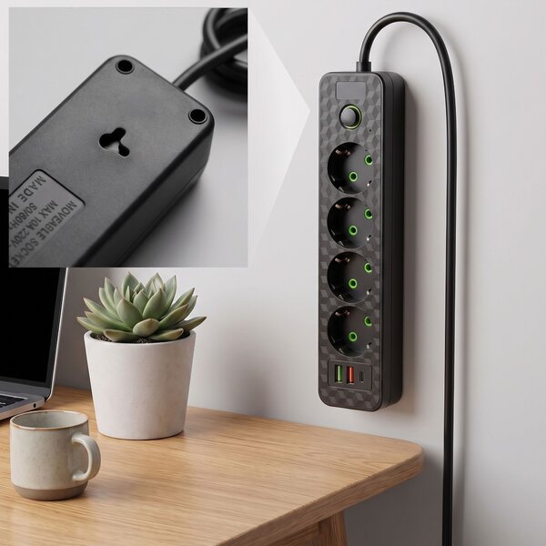 Prelungitor Multipriză 4 prize + 2x USB-A + USB-C JNH021-4A Black