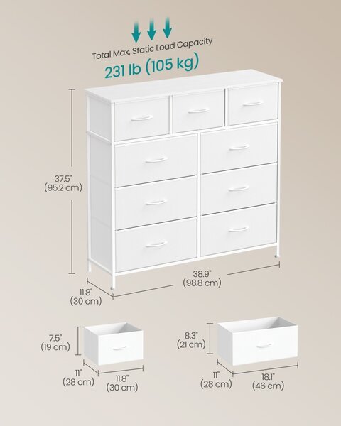 Comoda cu sertare, Bellah, Songmics, Alb, 98.8x30x95.2 cm