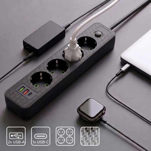 Prelungitor Multipriză 4 prize + 2x USB-A + USB-C JNH021-4A Black