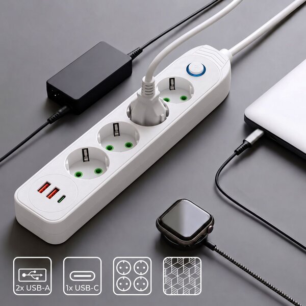 Prelungitor Multipriză 4 prize + 2x USB-A + USB-C JNH025-4B White