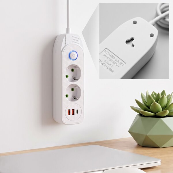 Prelungitor Multipriză 2 prize + 2x USB-A + USB-C JNH024-3B White
