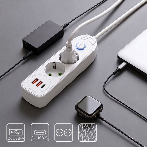Prelungitor Multipriză 2 prize + 2x USB-A + USB-C JNH024-3B White