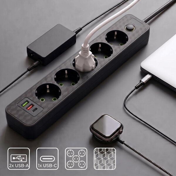 Prelungitor multipriză 5 prize + 2x USB-A + USB-C REA JNH022-5A Black