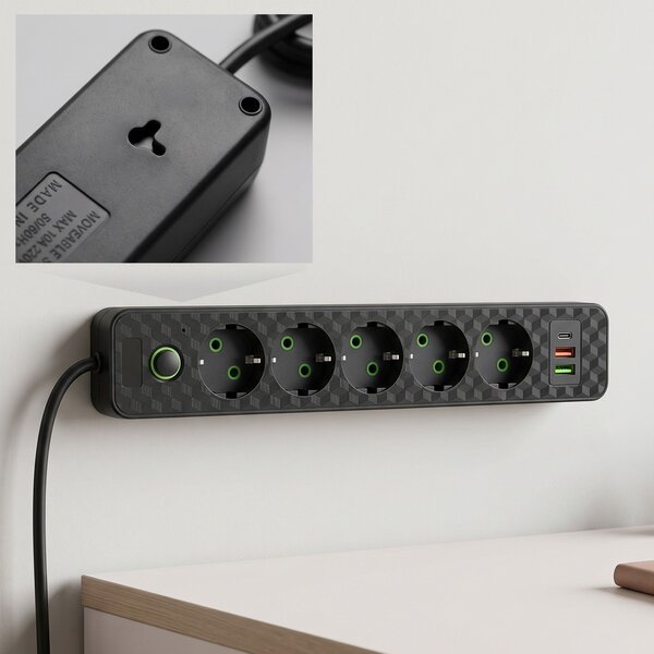 Prelungitor multipriză 5 prize + 2x USB-A + USB-C REA JNH022-5A Black