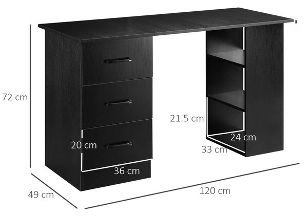 HOMCOM Birou Suport Calculator cu 3 Sertare si 3 Rafturi, Birou pentru Dormitor si Birou 120x49x72cm, Negru