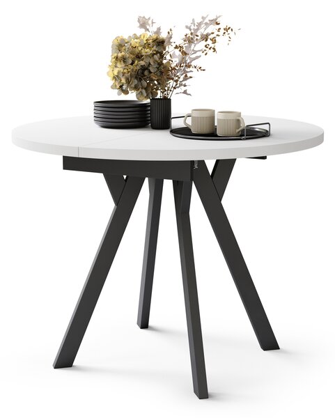 Mazzoni ALMO Alb Mat/picioare negre - MASĂ ROTUNDĂ EXTENSIBILĂ CU PICIOARE ÎN FORMĂ DE Y STIL LOFT PENTRU SALON/SUFRAGERIE