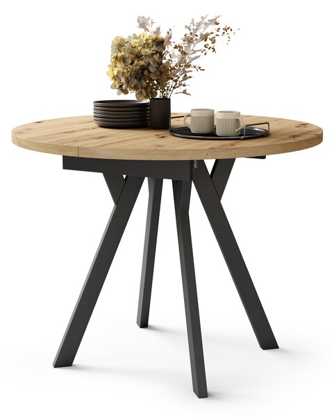 Mazzoni ALMO Stejar Artisan/picioare negre - MASĂ ROTUNDĂ EXTENSIBILĂ CU PICIOARE ÎN FORMĂ DE Y STIL LOFT PENTRU SALON/SUFRAGERIE