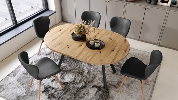 Mazzoni ALMO Stejar Artisan/picioare negre - MASĂ ROTUNDĂ EXTENSIBILĂ CU PICIOARE ÎN FORMĂ DE Y STIL LOFT PENTRU SALON/SUFRAGERIE