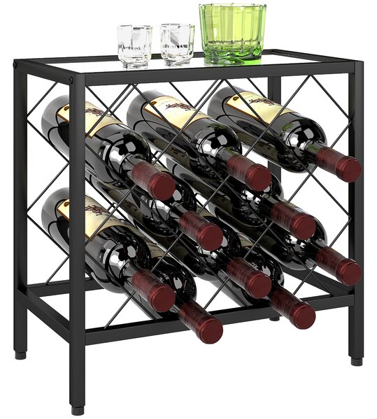 HOMCOM Suport pentru Sticle de Vin cu Blat din Sticlă Securizată și Cadru din Oțel, 41x22x41 cm, Negru | Aosom Romania