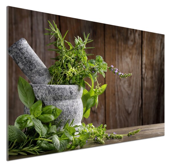 Panou sticlă decorativa bucătărie Ierburi într-un mojar