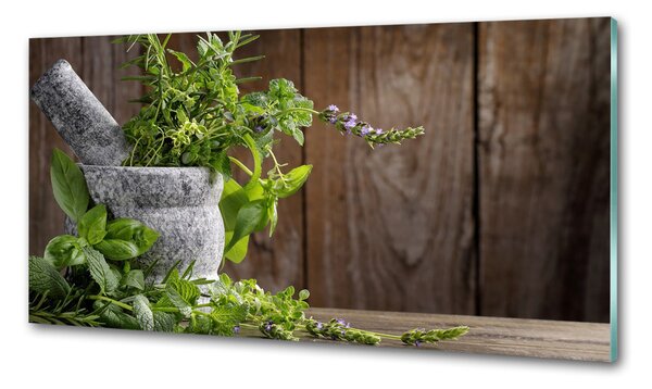 Panou sticlă decorativa bucătărie Ierburi într-un mojar
