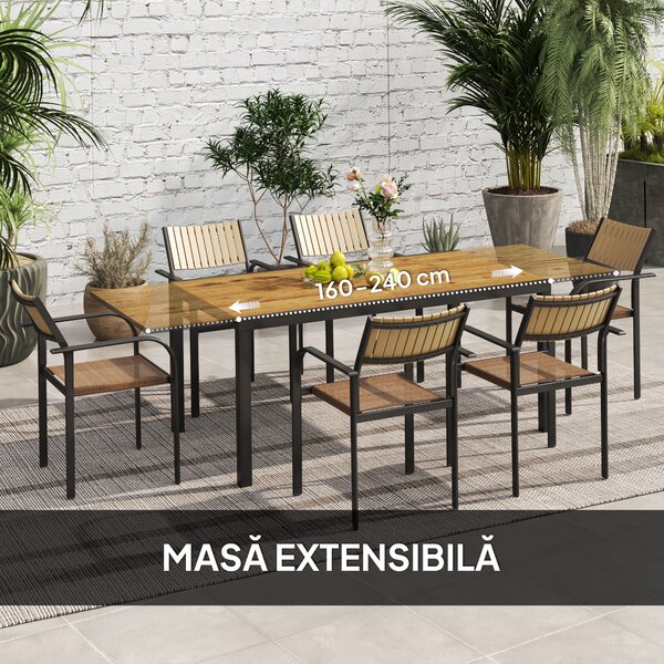 Outsunny Set de Exterior din 7 Piese cu Masă Extensibilă și 6 Scaune Suprapozabile, 160/240x90x74 cm, Maro | Aosom Romania