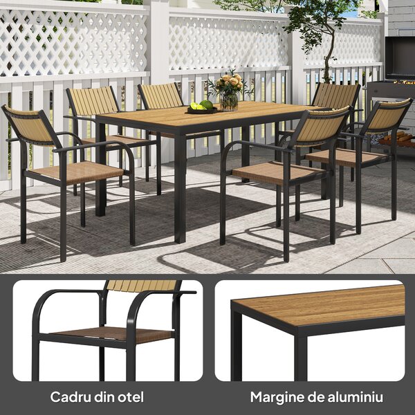 Outsunny Set de Exterior din 7 Piese cu Masă Extensibilă și 6 Scaune Suprapozabile, 160/240x90x74 cm, Maro | Aosom Romania