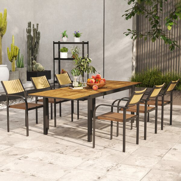 Outsunny Set de Exterior din 7 Piese cu Masă Extensibilă și 6 Scaune Suprapozabile, 160/240x90x74 cm, Maro | Aosom Romania