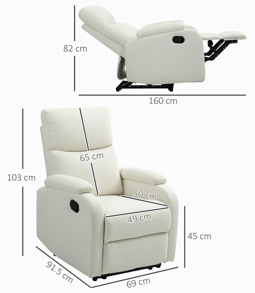 HOMCOM Fotoliu Recliner din In cu Suport Reglabil pentru Picioare, 69x91,5x103 cm, Alb crem | Aosom Romania
