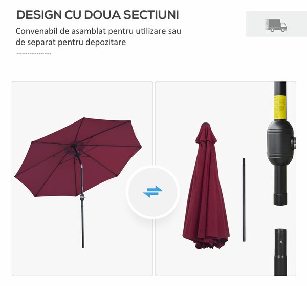 Outsunny Umbrelă de Grădină Înclinabilă pe 3 Unghiuri cu Manivelă, Ø265x240 cm, Roșu | Aosom Romania