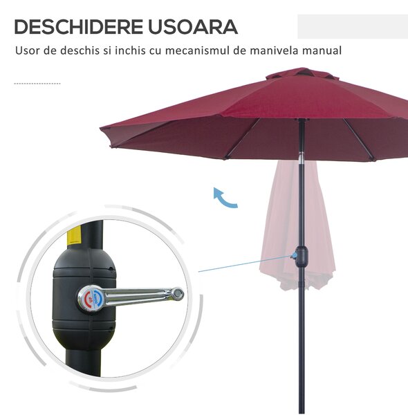 Outsunny Umbrelă de Grădină Înclinabilă pe 3 Unghiuri cu Manivelă, Ø265x240 cm, Roșu | Aosom Romania