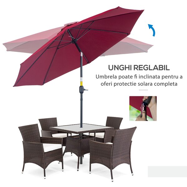 Outsunny Umbrelă de Grădină Înclinabilă pe 3 Unghiuri cu Manivelă, Ø265x240 cm, Roșu | Aosom Romania