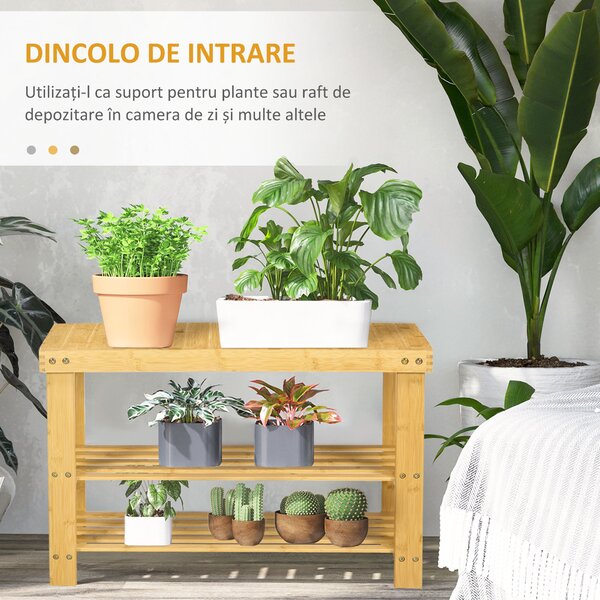 HOMCOM Pantofar tip Băncuță pentru Hol cu 3 Niveluri, 70x28x45 cm, Lemn natural | Aosom Romania