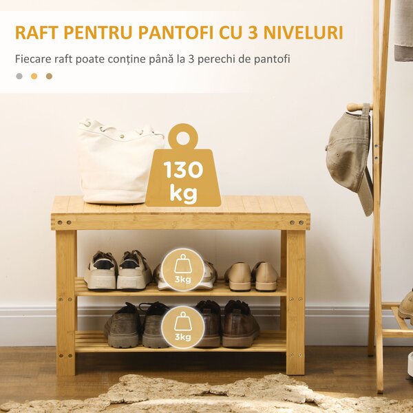 HOMCOM Pantofar tip Băncuță pentru Hol cu 3 Niveluri, 70x28x45 cm, Lemn natural | Aosom Romania