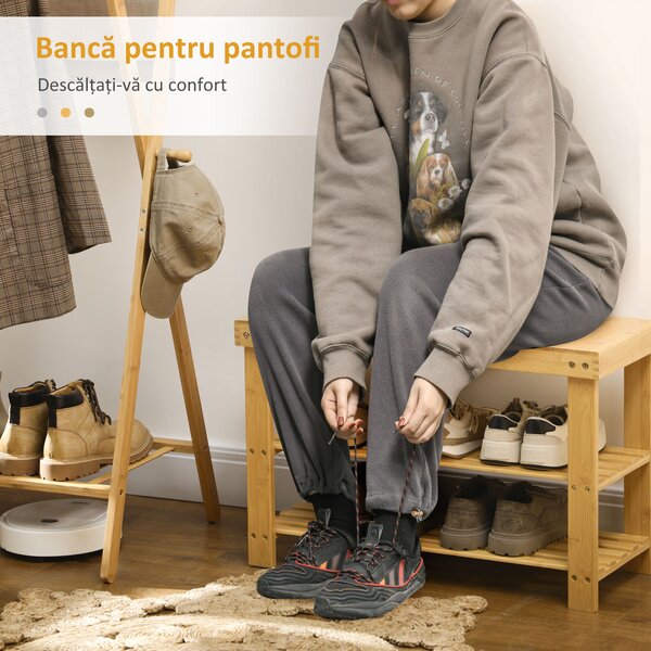 HOMCOM Pantofar tip Băncuță pentru Hol cu 3 Niveluri, 70x28x45 cm, Lemn natural | Aosom Romania