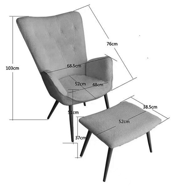 Fotoliu cu taburet Dorita catifea mar rottan picior negru metalic 68.5x76x103 cm