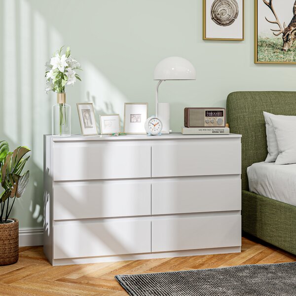 HOMCOM Comodă cu 6 Sertare și Picioare Antiderapante din Lemn, 120x39x75 cm, Alb | Aosom Romania