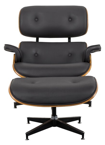 Fotoliu cu taburet relax Jenna negru piele ecologica PU placaj nuc baza crom 82x92x82 cm