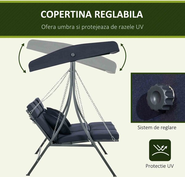 Outsunny Balansoar de Grădină cu 3 Locuri, Copertină Reglabilă și 3 Perne, 198x118x168 cm, Albastru | Aosom Romania