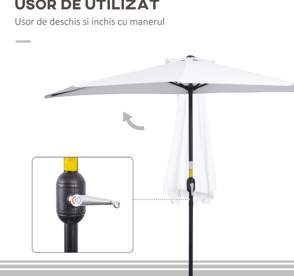 Outsunny Umbrelă Semicirculară de Perete cu Deschidere cu Manivelă și 5 Spițe, 2.6x1.35x2.3 m, Alb | Aosom Romania