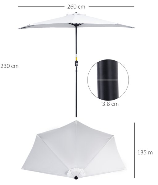 Outsunny Umbrelă Semicirculară de Perete cu Deschidere cu Manivelă și 5 Spițe, 2.6x1.35x2.3 m, Alb | Aosom Romania