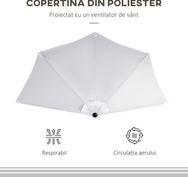 Outsunny Umbrelă Semicirculară de Perete cu Deschidere cu Manivelă și 5 Spițe, 2.6x1.35x2.3 m, Alb | Aosom Romania
