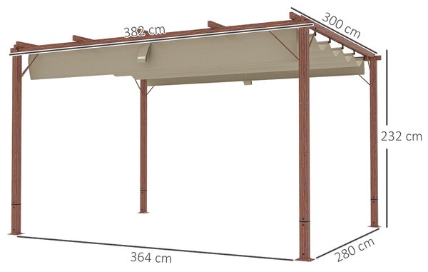 Outsunny Pergolă de Grădină cu Acoperiș Retractabil și Cadru din Aluminiu cu Aspect de Lemn, 382x300x232 cm, Lemn Natural | Aosom Romania