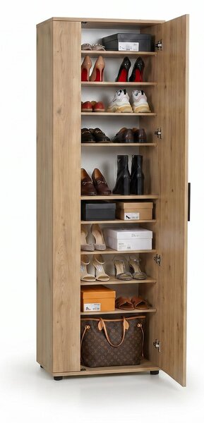 Pantofar Adore Porto, 2 usi reversibile cu oglinda, 10 rafturi, capacitate 28 perechi, Alb - Natur, 60x187x36 cm