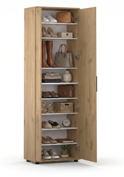 Pantofar Adore Porto, 2 usi reversibile cu oglinda, 10 rafturi, capacitate 28 perechi, Alb - Natur, 60x187x36 cm