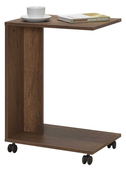 Masuta Cafea Laterala Adore C shape cu roti, Alb - Nuc - Stejar - Mov, 35x65x45 cm