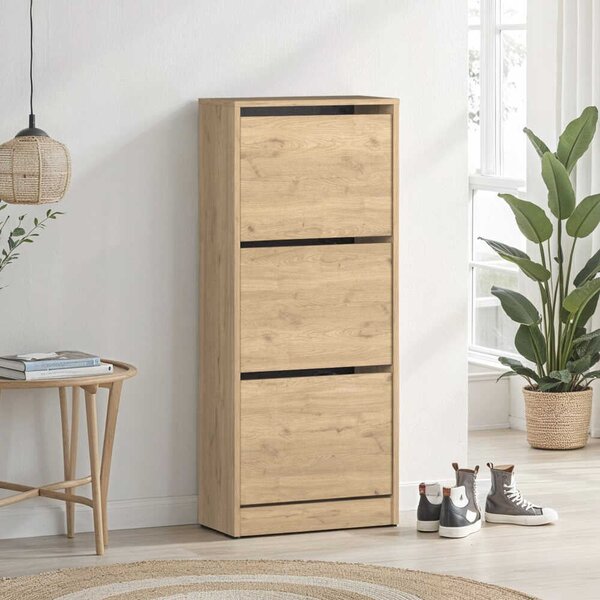 Pantofar Adore Compact Plus, 12 Perechi, 3 Compartimente, Alb - Stejar - Mov, 51x119x26 cm