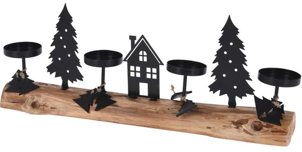 Candelabru pentru 4 lumânări tealight cu peisaj de iarnă