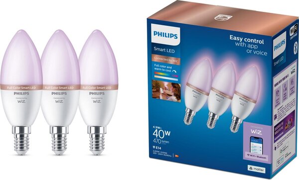 Set de 3 becuri LED RGB dimabile Philips SMART C37, soclu E14/4,9W/230V, 2200-6500K
