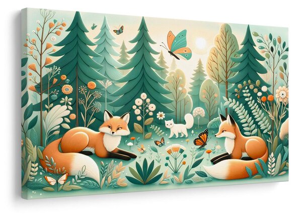 Tablou liniște de pădure cu vulpi