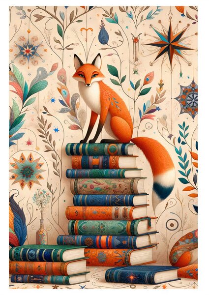 Tablou vulpi și bibliotecă magică