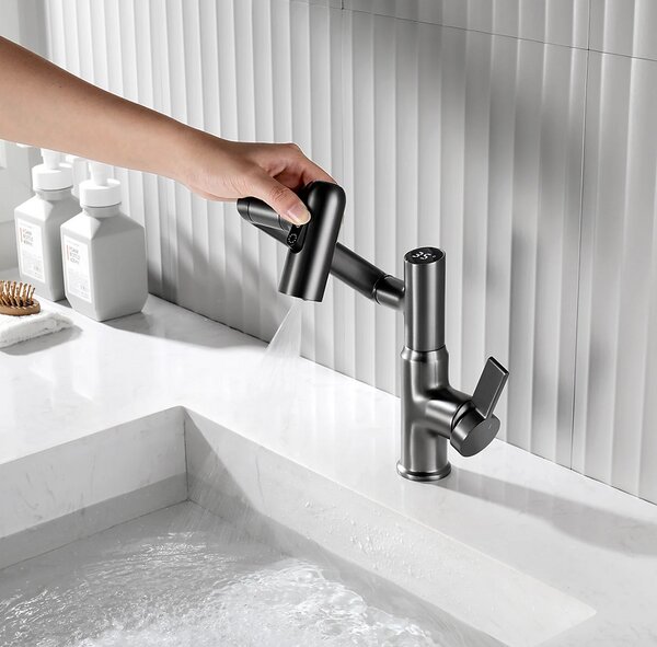 Robinet Rotativ Gri, S01, cu afisaj digital pentru apa calda si rece, design cu brat mecanic, rotatie tridimensionala la 1080