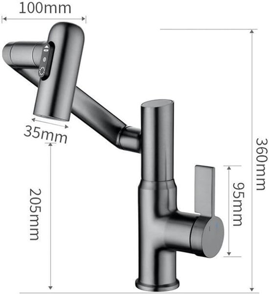 Robinet Rotativ Gri, S01, cu afisaj digital pentru apa calda si rece, design cu brat mecanic, rotatie tridimensionala la 1080