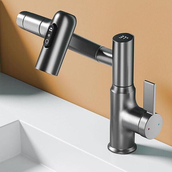 Robinet Rotativ Gri, S01, cu afisaj digital pentru apa calda si rece, design cu brat mecanic, rotatie tridimensionala la 1080